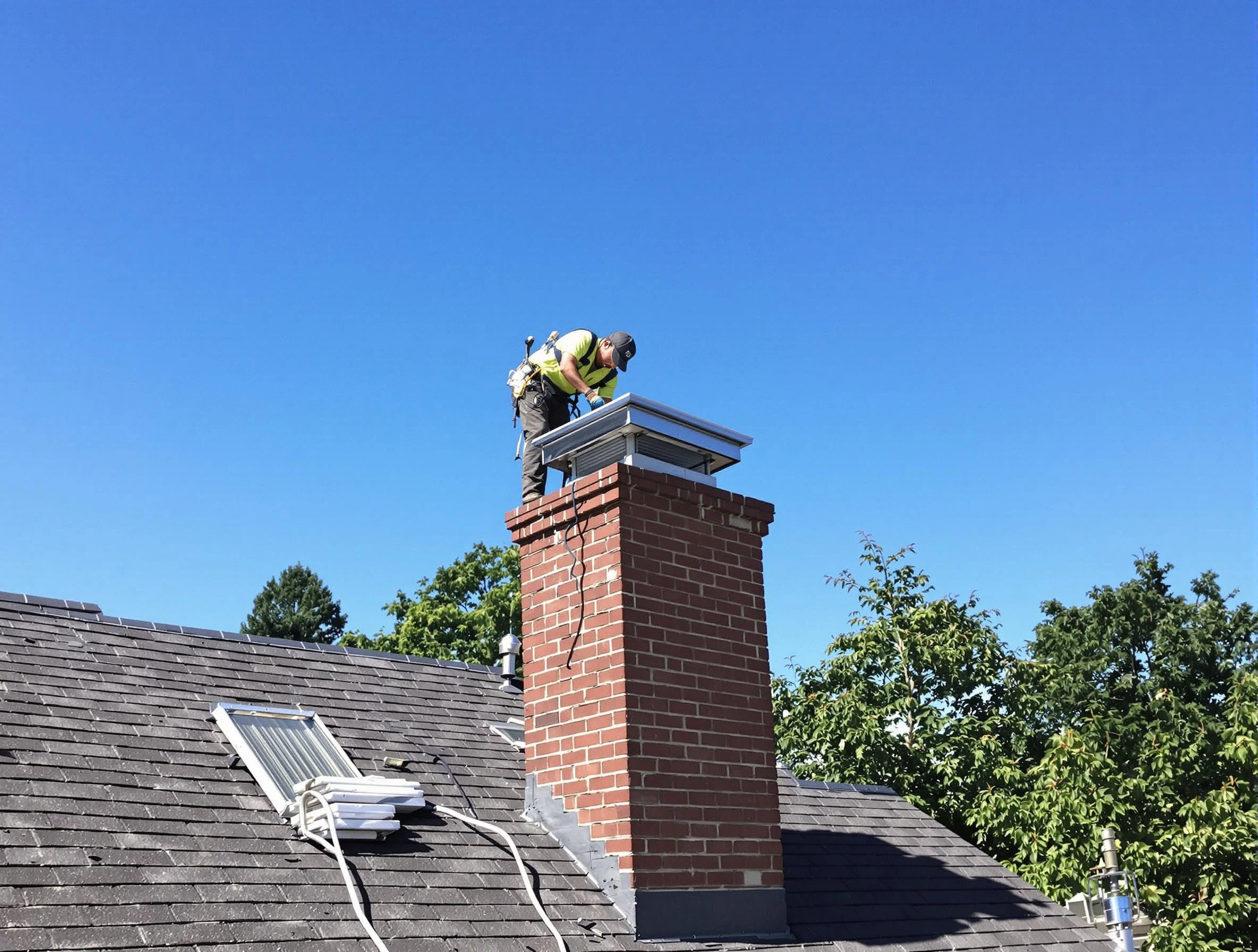 Irondale Chimney Sweep technician measuring a chimney cap in Irondale, GA